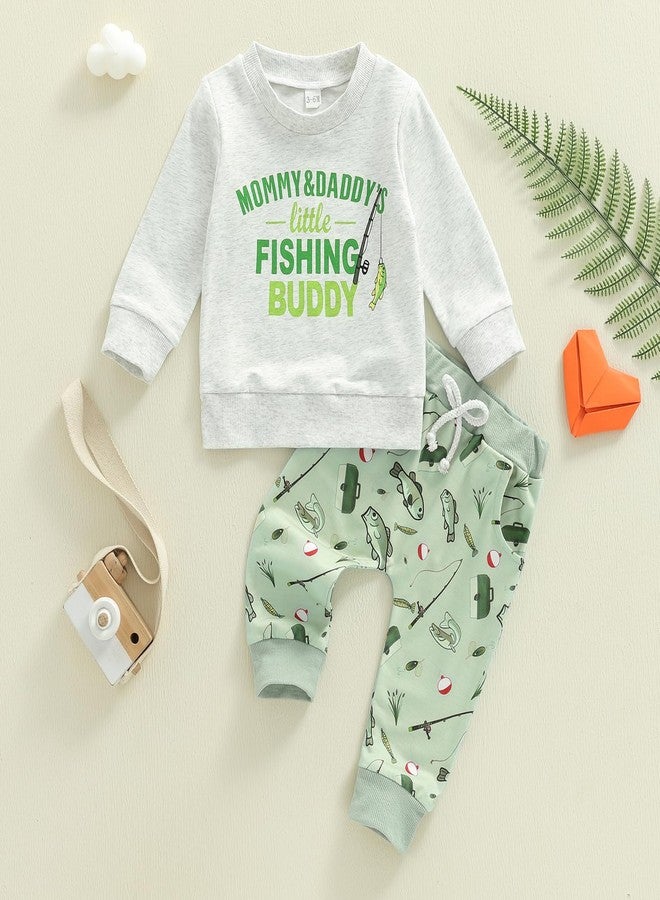 Karuedoo Toddler Baby Boy Fishing Outfit Mommy&Daddy's Little Fishing Buddy Long Sleeve Sweatshirt Top Fish Print Pants Set (A-Gray Green, 3-6 Months) - Image 4
