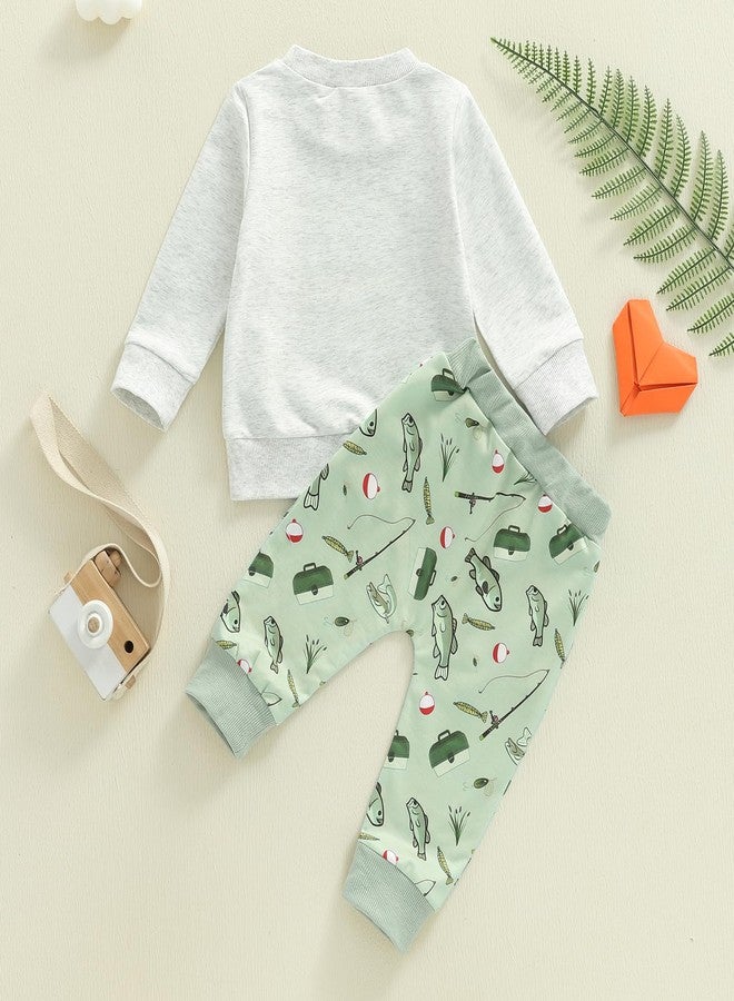 Karuedoo Toddler Baby Boy Fishing Outfit Mommy&Daddy's Little Fishing Buddy Long Sleeve Sweatshirt Top Fish Print Pants Set (A-Gray Green, 3-6 Months) - Image 5
