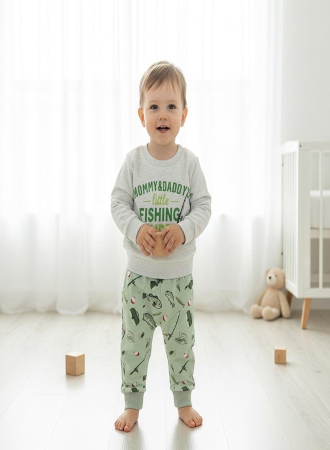 Karuedoo Toddler Baby Boy Fishing Outfit Mommy&Daddy's Little Fishing Buddy Long Sleeve Sweatshirt Top Fish Print Pants Set (A-Gray Green, 3-6 Months) - Image 3