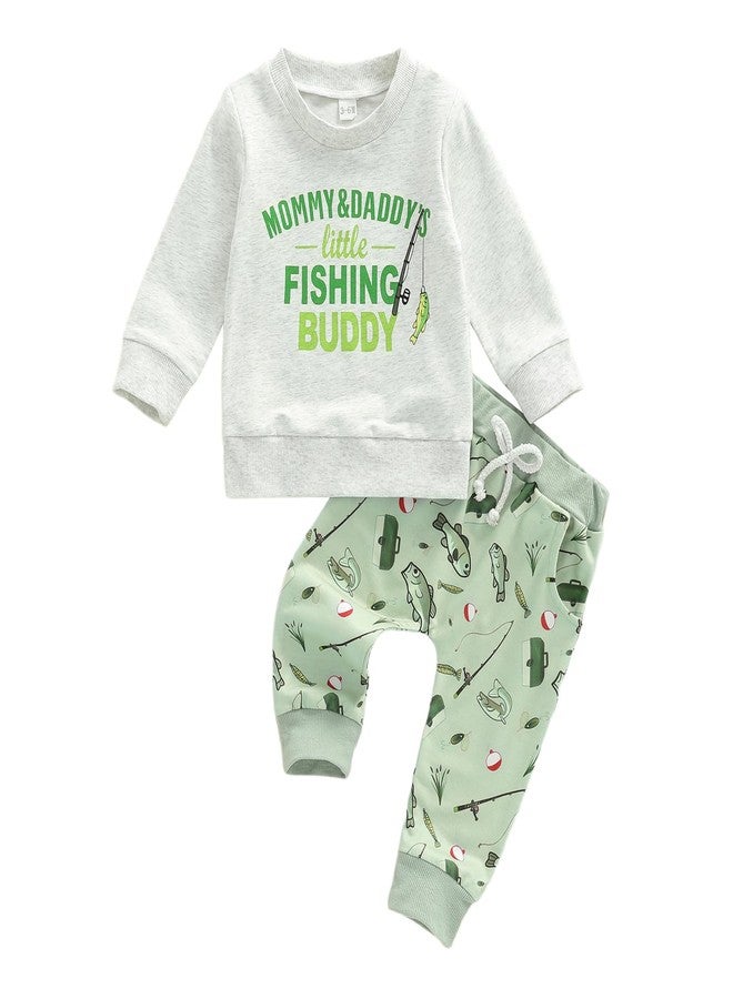 Karuedoo Toddler Baby Boy Fishing Outfit Mommy&Daddy's Little Fishing Buddy Long Sleeve Sweatshirt Top Fish Print Pants Set (A-Gray Green, 3-6 Months) - Image 1