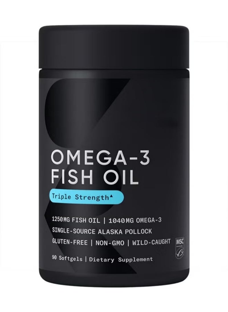 أوميغا ألاسكا المصدر الفريد عالية النقاء: كبسولات زيت السمك الأوميجا 3 ثلاثة أضعاف القوة | كل كبسولة تحتوي على 1040 ملغ خلاصة زيت السمك من البحار العميقة، 1250 ملغ زيت سمك إجمالي، 90 كبسولة، مُكمّلة غذائية خالية من الغلوتين وغير المعدلة وراثيًا. - Image 1