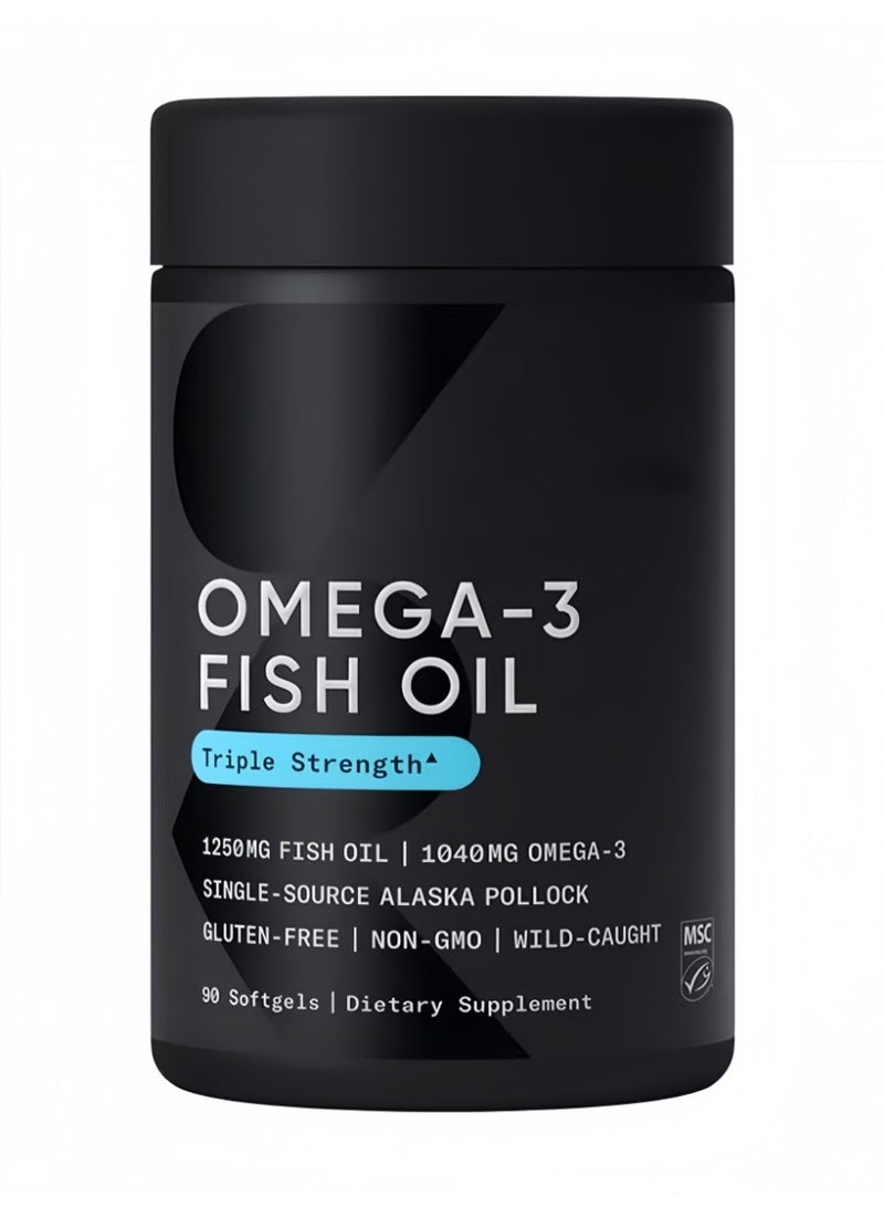 أوميغا ألاسكا المصدر الفريد عالية النقاء: كبسولات زيت السمك الأوميجا 3 ثلاثة أضعاف القوة | كل كبسولة تحتوي على 1040 ملغ خلاصة زيت السمك من البحار العميقة، 1250 ملغ زيت سمك إجمالي، 90 كبسولة، مُكمّلة غذائية خالية من الغلوتين وغير المعدلة وراثيًا. - Image 1