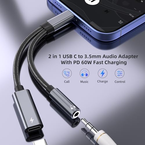 Mxcudu USB C to 3.5mm Headphone and Charger Adapter, 2 in 1 USB C to Aux Audio Adapter & 60W Fast Charging Dongle Compatible with iPhone 17Pro Max/16/15, Galaxy S25/S24/S23/S23FE, Pixel 9/8, iPad Pro - Image 2