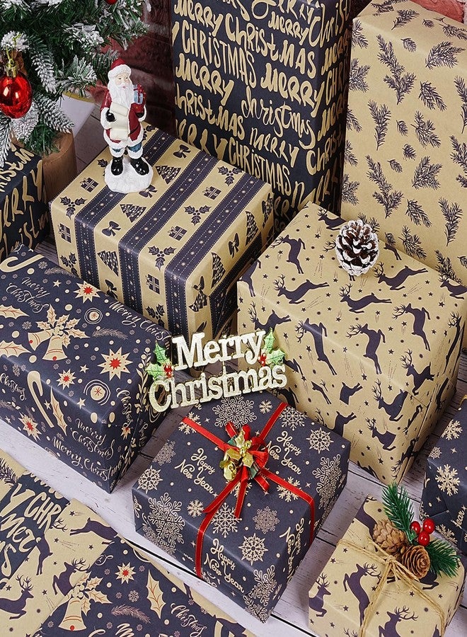 KESTAR Christmas Wrapping Paper Sheets, 12 Sheets Navy Blue Kraft Christmas Wrapping Paper Set for Men Women Kids, Snowflake, Reindeer, Bell, Pine Branch Gift Wrapping Paper for Xmas New Year Holiday Party, 20×28 inch - Image 2