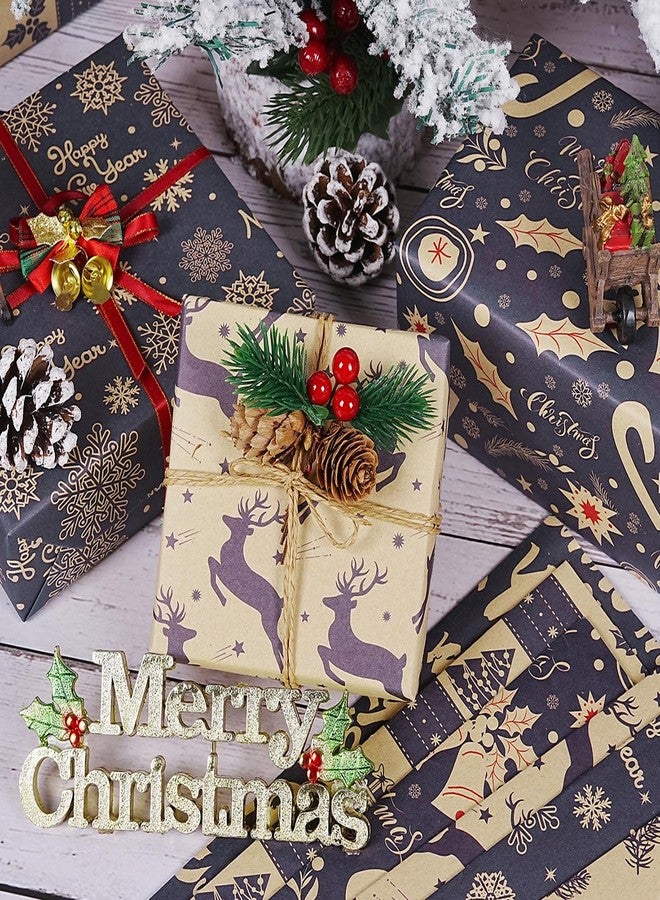 KESTAR Christmas Wrapping Paper Sheets, 12 Sheets Navy Blue Kraft Christmas Wrapping Paper Set for Men Women Kids, Snowflake, Reindeer, Bell, Pine Branch Gift Wrapping Paper for Xmas New Year Holiday Party, 20×28 inch - Image 4