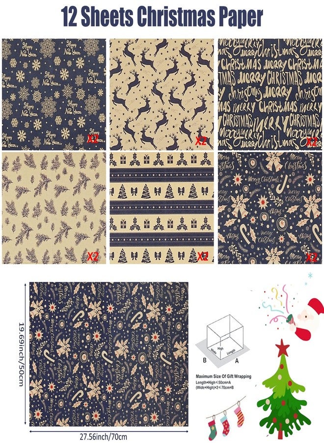 KESTAR Christmas Wrapping Paper Sheets, 12 Sheets Navy Blue Kraft Christmas Wrapping Paper Set for Men Women Kids, Snowflake, Reindeer, Bell, Pine Branch Gift Wrapping Paper for Xmas New Year Holiday Party, 20×28 inch - Image 5
