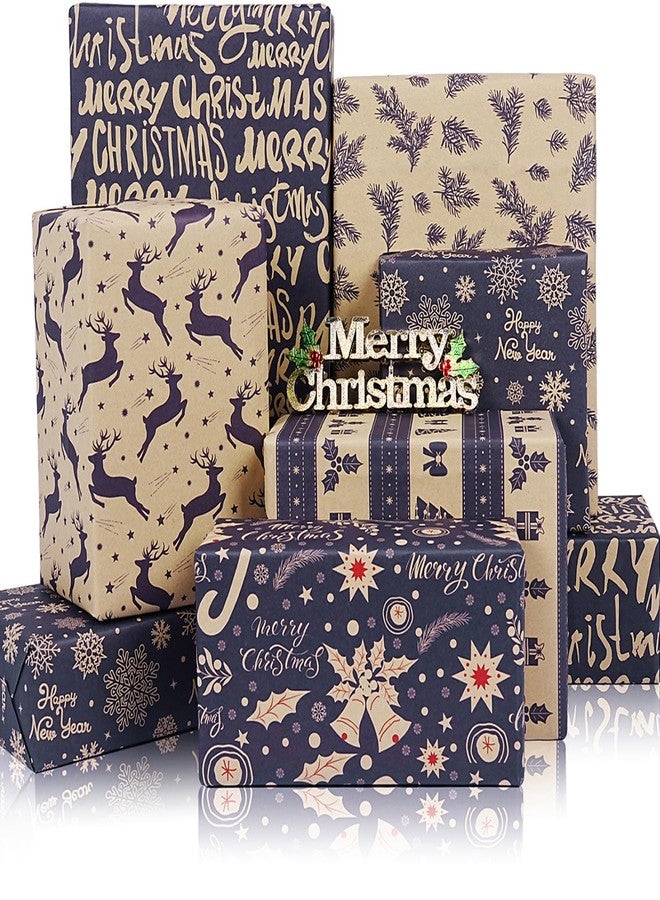 KESTAR Christmas Wrapping Paper Sheets, 12 Sheets Navy Blue Kraft Christmas Wrapping Paper Set for Men Women Kids, Snowflake, Reindeer, Bell, Pine Branch Gift Wrapping Paper for Xmas New Year Holiday Party, 20×28 inch - Image 1