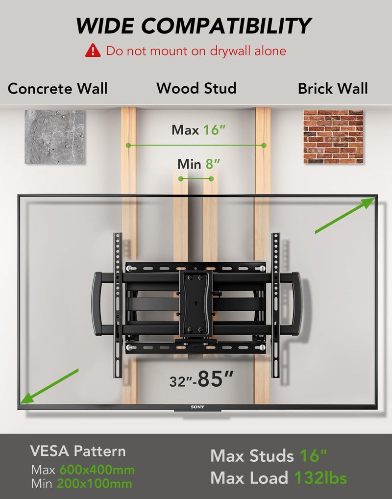 AX WABER Full Motion TV Wall Mount Bracket for Most 32-85 inch TVs,TV Mount with Dual Articulating Arms,Tilt/Swivel/Extension/Leveling,Fits 8â€ 12â€ 16" Studs,Max VESA 600x400mm, Holds up to 132lbs - Image 2