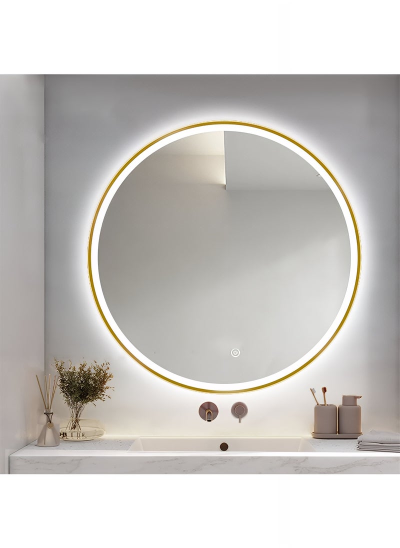 Taimi - Pack Of 2 Round Mirror with Gold Aluminum Frame and Touch LED Front Light, Bathroom Wall Mirror with 3 Light Colors, Wall Mounted Makeup Mirror for Dressing Table - 80cm - Image 1