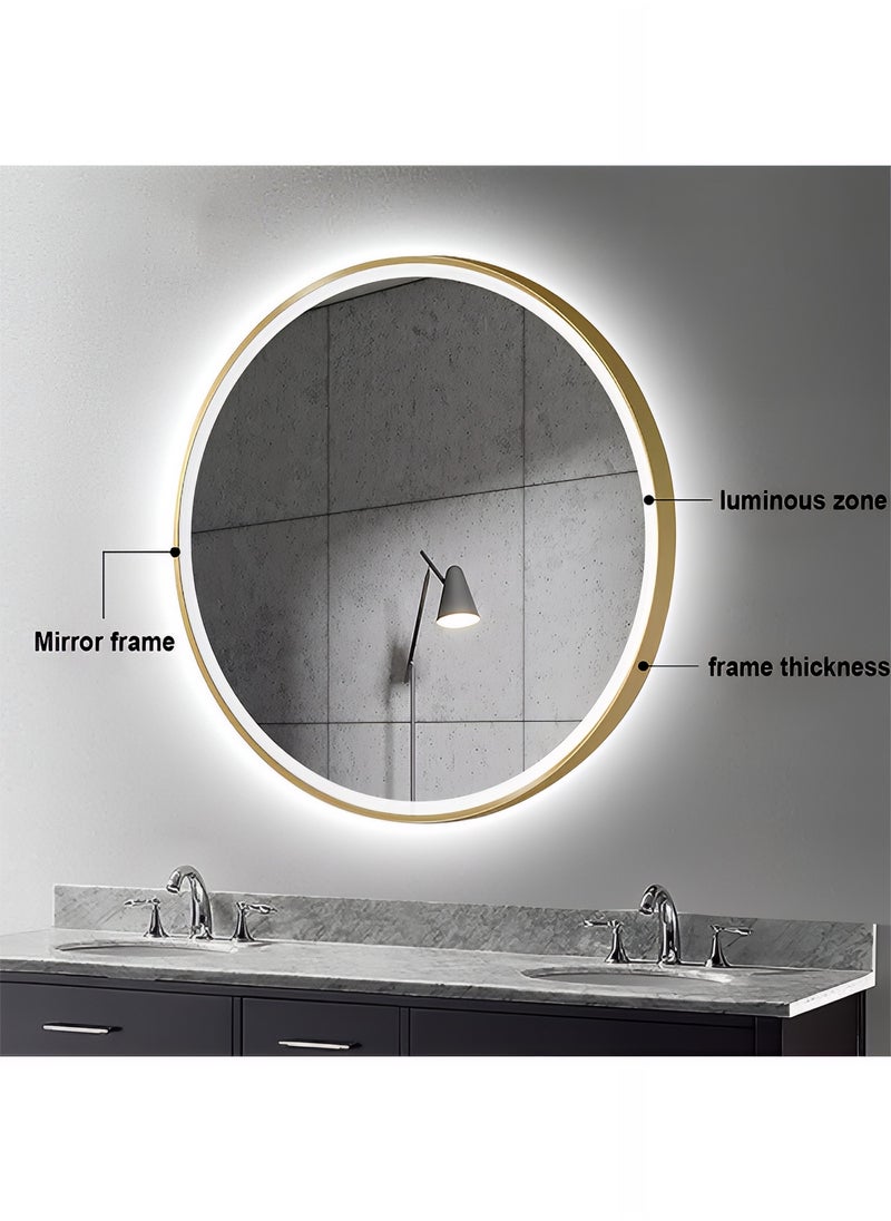 Taimi - Pack Of 2 Round Mirror with Gold Aluminum Frame and Touch LED Front Light, Bathroom Wall Mirror with 3 Light Colors, Wall Mounted Makeup Mirror for Dressing Table - 80cm - Image 1