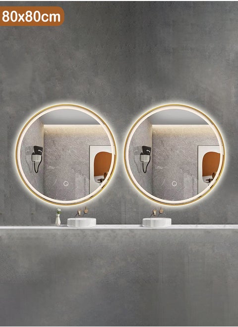 Pack Of 2 Round Mirror with Gold Aluminum Frame and Touch LED Front Light, Bathroom Wall Mirror with 3 Light Colors, Wall Mounted Makeup Mirror for Dressing Table - 80cm