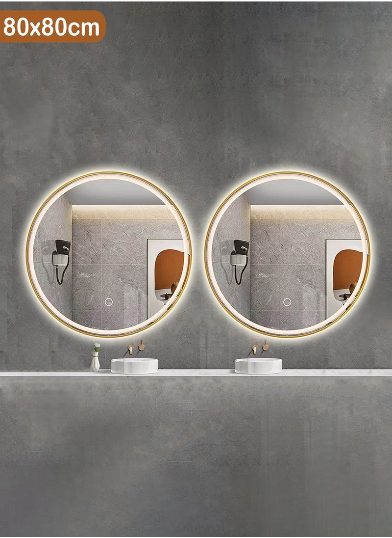 Taimi - Pack Of 2 Round Mirror with Gold Aluminum Frame and Touch LED Front Light, Bathroom Wall Mirror with 3 Light Colors, Wall Mounted Makeup Mirror for Dressing Table - 80cm - Image 1