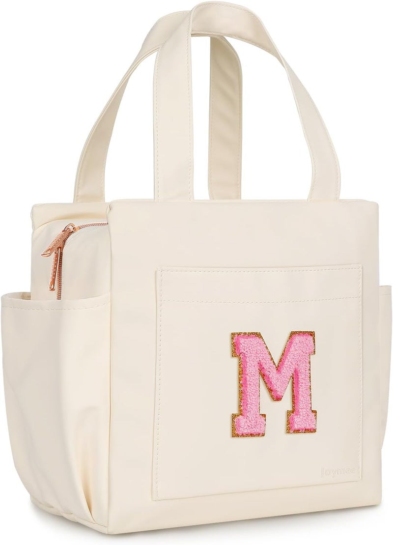 Joymee Leather Lunch Box Lunch Bag for Women Adult Insulated Reusable Leakproof Large Spacious Lunch Cooler Lunch Tote Bag with Bottle Holder and Side Pockets for Work Picnic Beach (Letter M) - Image 2
