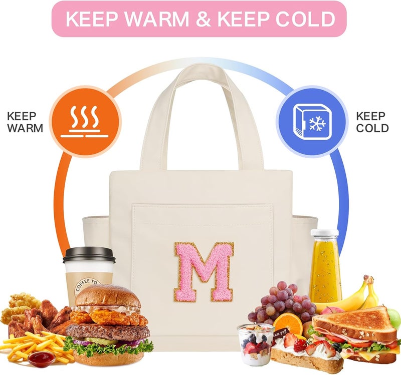 Joymee Leather Lunch Box Lunch Bag for Women Adult Insulated Reusable Leakproof Large Spacious Lunch Cooler Lunch Tote Bag with Bottle Holder and Side Pockets for Work Picnic Beach (Letter M) - Image 4