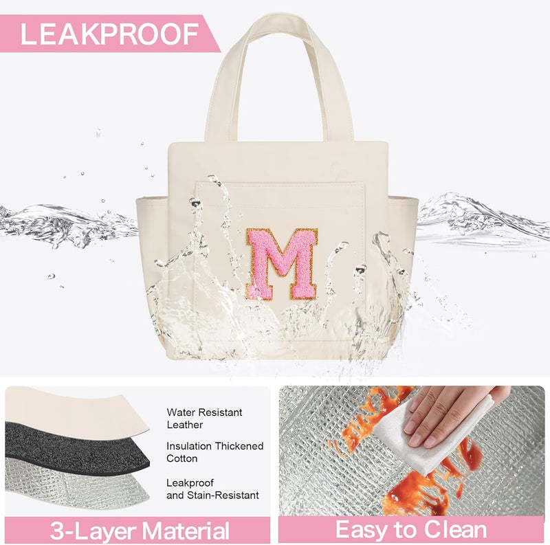 Joymee Leather Lunch Box Lunch Bag for Women Adult Insulated Reusable Leakproof Large Spacious Lunch Cooler Lunch Tote Bag with Bottle Holder and Side Pockets for Work Picnic Beach (Letter M) - Image 5