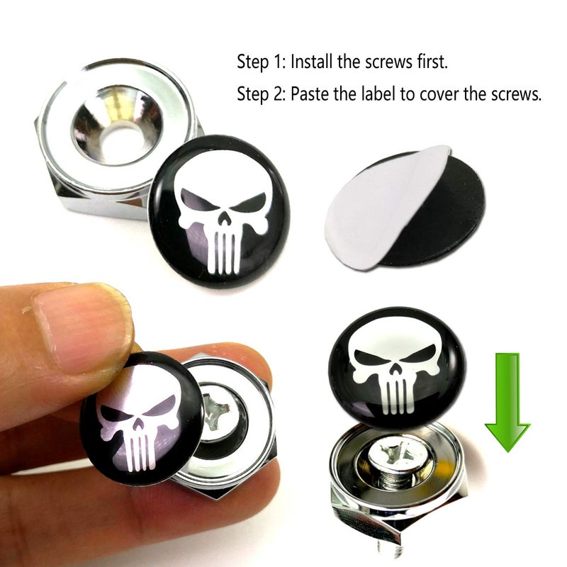 AOOTF License Plate Screw Bolt Caps- Logo Billet Metal Car License Plate Bolts Frame Screw Cover with Black Skull Sticker, License Plate Frame Security Fastener Kit with Anti-Rattle Foam Pads - Image 5