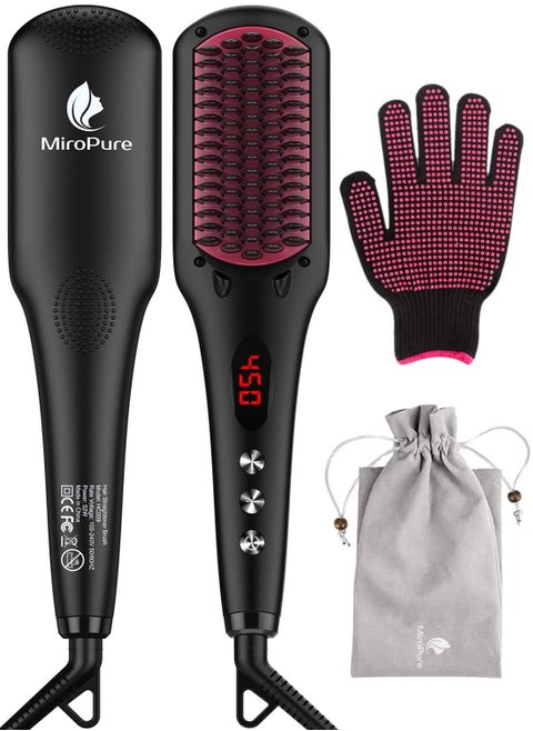 Enhanced Ceramic Hair Straightener Brush by MiroPure, 2-in-1 Ionic Straightening Brush with Anti-Scald Feature, Auto Temperature Lock & Auto-Off Function