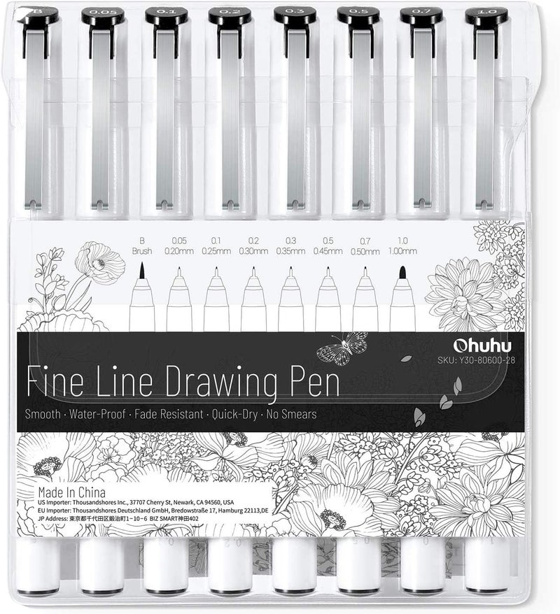 Ohuhu Fine Line Drawing Pen Set - 8 Assorted Sizes with Waterproof Black Ink for Drawing, Journaling, and Sketching - Image 1