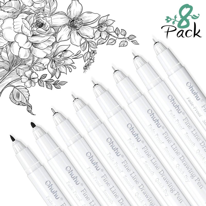 Ohuhu Fine Line Drawing Pen Set - 8 Assorted Sizes with Waterproof Black Ink for Drawing, Journaling, and Sketching - Image 2