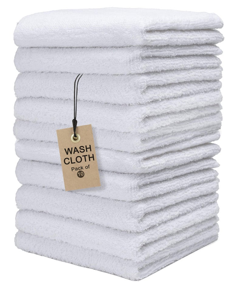 Textila Stores Textila Terry Wash Cloths Pack of 10 White 12x12 Inches Soft Absorbent Multipurpose Cotton Washcloths for Face Hand Bath Kitchen Spa Gym Hotel Use - Image 2