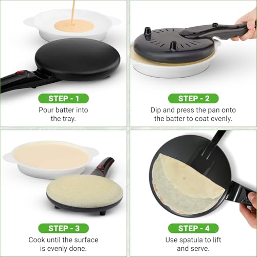 Nutrichef Electric Crepe Maker | 8-inch Nonstick Cooktop with On/Off Switch | Cooks Roti, Tortillas & Pancakes | Automatic Temperature Control & Cool Touch Handle | Includes Food Bowl, Whisk & Spatula - Image 3