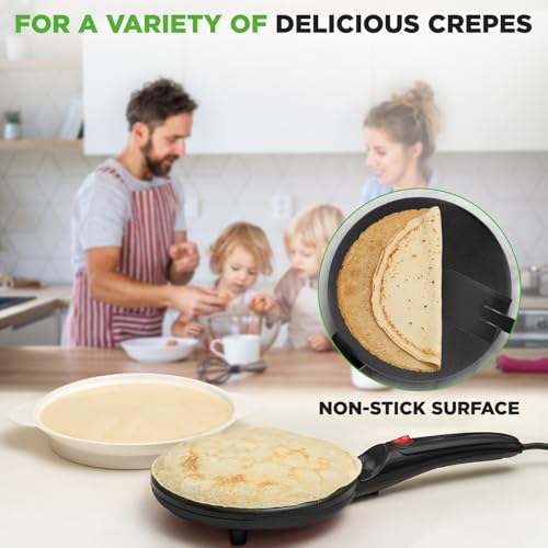 Nutrichef Electric Crepe Maker | 8-inch Nonstick Cooktop with On/Off Switch | Cooks Roti, Tortillas & Pancakes | Automatic Temperature Control & Cool Touch Handle | Includes Food Bowl, Whisk & Spatula - Image 4