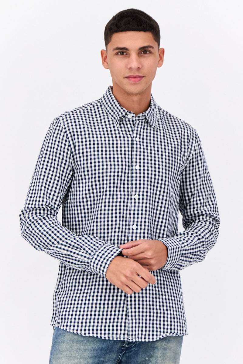 Peter Werth Men Regular Fit Gingham Pattren Long Sleeve Casual Shirts, Navy - Image 1