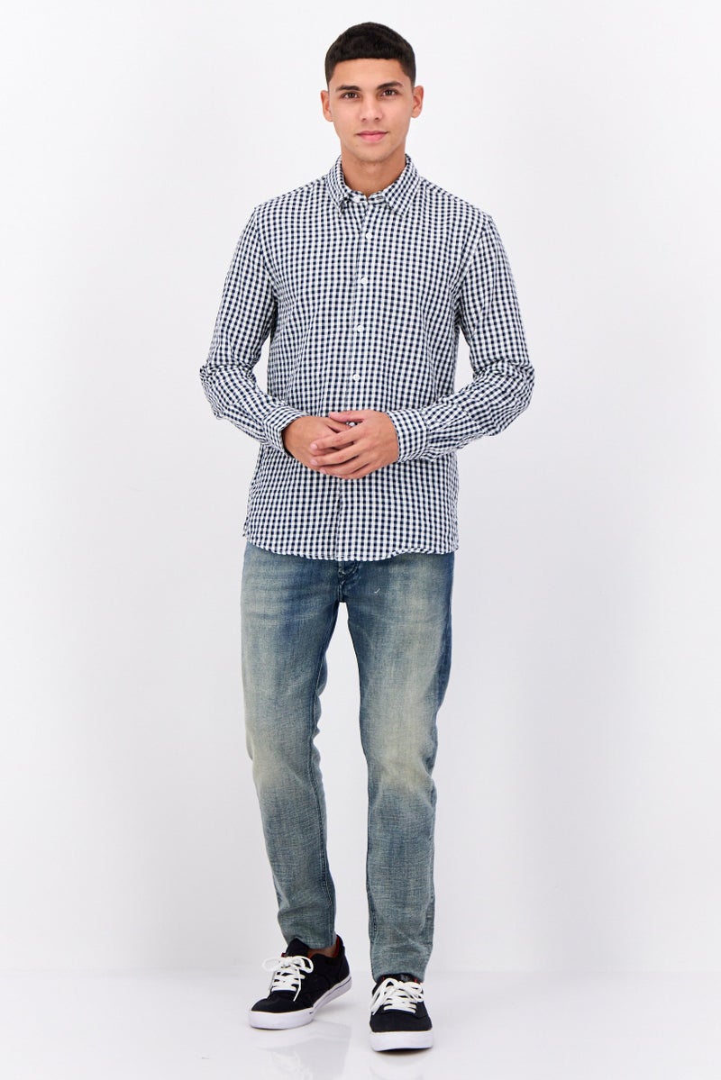 Peter Werth Men Regular Fit Gingham Pattren Long Sleeve Casual Shirts, Navy - Image 4