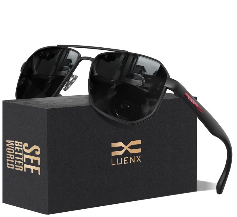 LUENX Aviator Sunglasses for Men Square Polarized Polygon Black Lens Matte Black Frame - UV 400 Protection with Accessories - Image 1