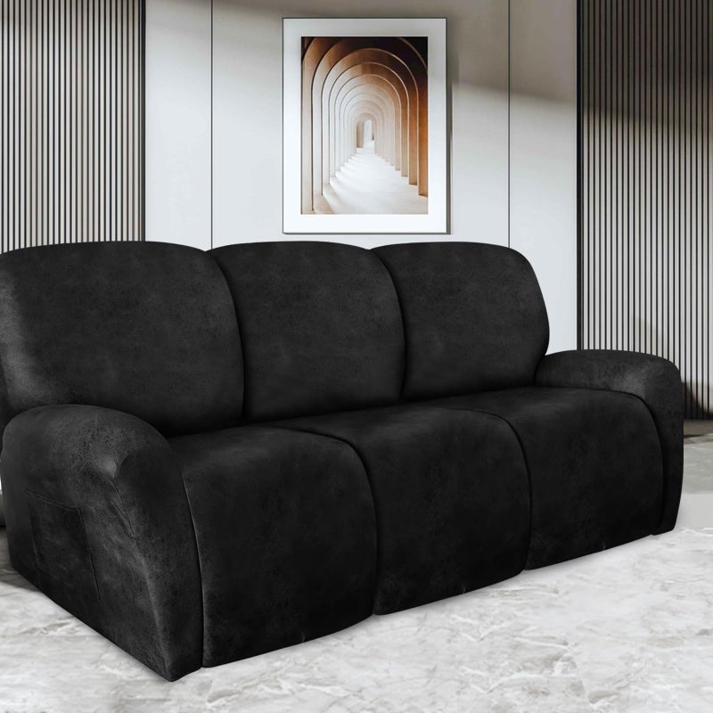 ANARACHON Recliner Couch Cover Leather Look Recliner Sofa Covers for 3 Cushion Reclining Sofa Slipcovers 8-Pieces Furniture Protector Spandex Fabric Washable (3 Seater, 02 Black) - Image 2