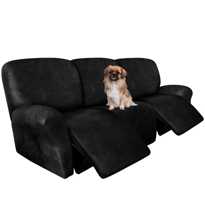ANARACHON Recliner Couch Cover Leather Look Recliner Sofa Covers for 3 Cushion Reclining Sofa Slipcovers 8-Pieces Furniture Protector Spandex Fabric Washable (3 Seater, 02 Black) - Image 1