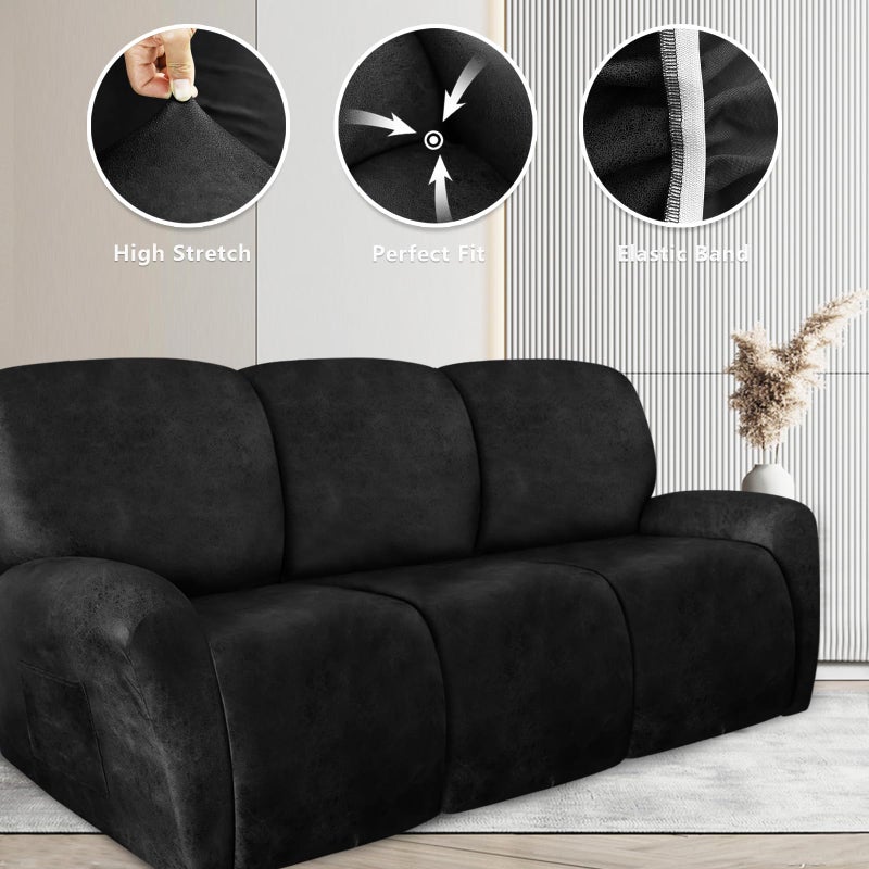 ANARACHON Recliner Couch Cover Leather Look Recliner Sofa Covers for 3 Cushion Reclining Sofa Slipcovers 8-Pieces Furniture Protector Spandex Fabric Washable (3 Seater, 02 Black) - Image 5