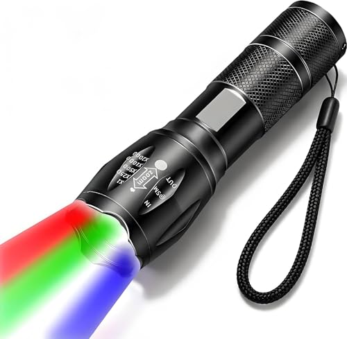MVIOCS 4-in-1 Red Rechargeable Flashlight - Multi-Color LED (White/Red/Blue/Green) Torch with 4 Modes, High Lumens Zoomable Flashlight for Camping, Observation, Emergency & Outdoor Adventures - Image 1