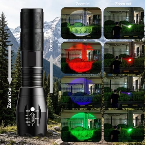 MVIOCS 4-in-1 Red Rechargeable Flashlight - Multi-Color LED (White/Red/Blue/Green) Torch with 4 Modes, High Lumens Zoomable Flashlight for Camping, Observation, Emergency & Outdoor Adventures - Image 3