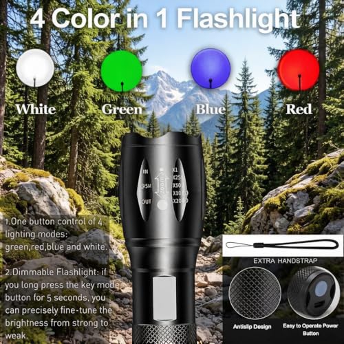 MVIOCS 4-in-1 Red Rechargeable Flashlight - Multi-Color LED (White/Red/Blue/Green) Torch with 4 Modes, High Lumens Zoomable Flashlight for Camping, Observation, Emergency & Outdoor Adventures - Image 2