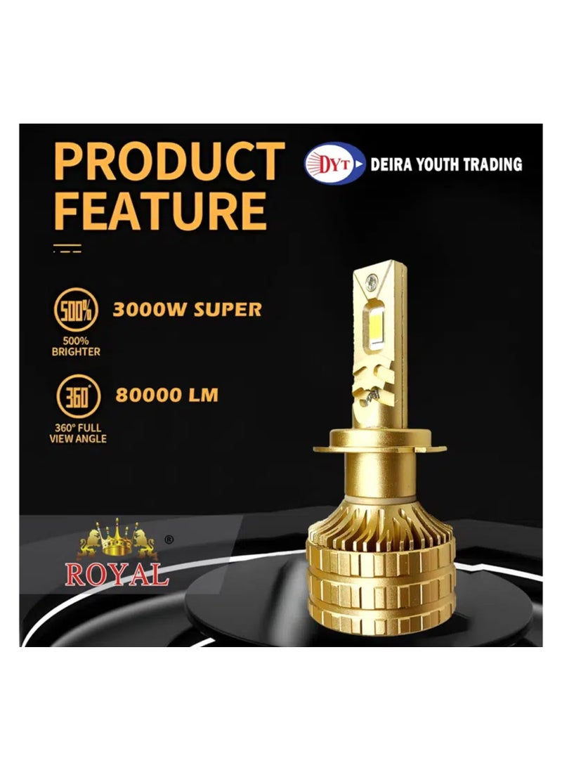 Royal 2Pcs 3000w Car Headlights Bulbs Automotive Pro Highlight Color 80000LM Super Bright LED Car Headlight Bulbs, Low/High Beam Cool White LED Bulb  - Image 2