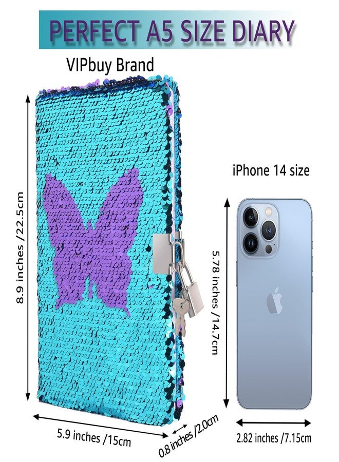 VIPbuy Magic Reversible Sequin Notebook Diary Lined Travel Journal with Lock and Key for Women Girls, Size A5 (8.5” x 5.5”), 78 Sheets (Butterfly Diary) - Image 3
