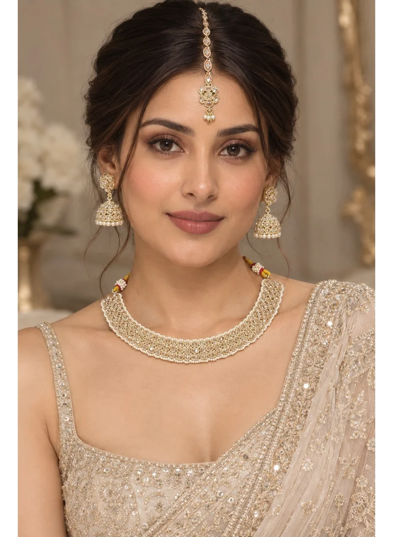 Lehar Champagne Kundan & Pearl Choker Set with Jhumka Earrings & Maang Tikka - Indian Bridal Jewelry