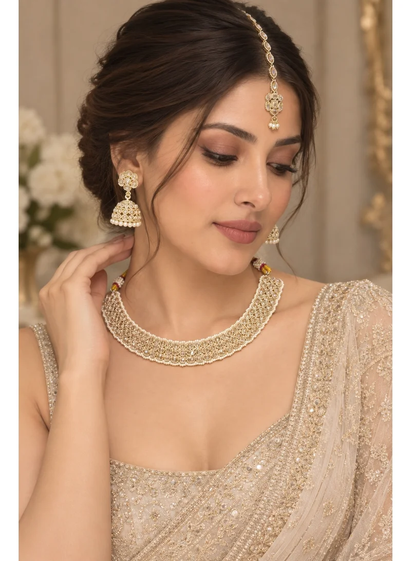 Lehar Champagne Kundan & Pearl Choker Set with Jhumka Earrings & Maang Tikka - Indian Bridal Jewelry