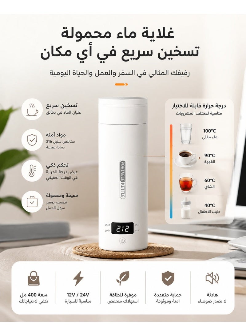 غلاية كهربائية محمولة للسيارة والسفر - 450 مل قارورة ماء كهربائية / سخان ماء صغير، من الفولاذ المقاوم للصدأ 304، تحكم في 4 درجات حرارة، إغلاق تلقائي وحماية من الغليان الجاف (أبيض) - Image 1
