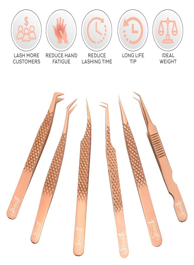 SIVOTE Eyelash Extension Tweezers Fiber Tips Japanese Steel, Set of 6 - Curved, Dolphin, 90° 45° Volume Boot & Slight Curved Tweezer - Professional Lash Tweezers for Lash Extensions Rose Gold - Image 3