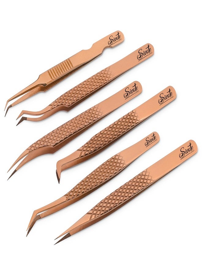 SIVOTE Eyelash Extension Tweezers Fiber Tips Japanese Steel, Set of 6 - Curved, Dolphin, 90° 45° Volume Boot & Slight Curved Tweezer - Professional Lash Tweezers for Lash Extensions Rose Gold - Image 1