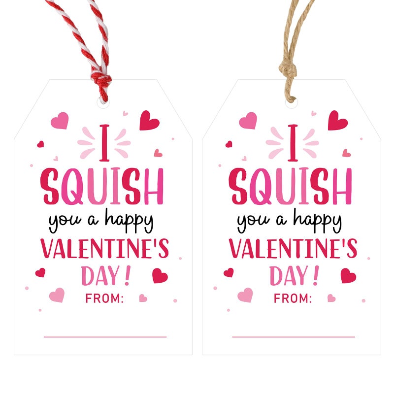 Anwyll Valentines Day Gift Tags - 50Pcs Happy Valentine's Day Tags with String Valentine Day Name from Tag I Squish You A Happy Valentine's Day Tag for Kid Gift Wrapping Present Treat Bag Party Favor - Image 1