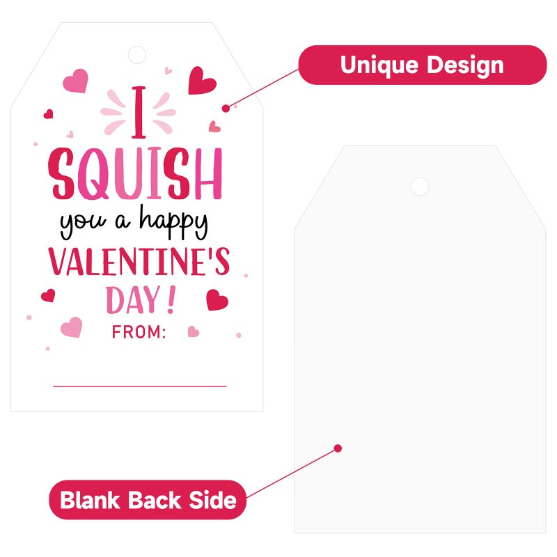 Anwyll Valentines Day Gift Tags - 50Pcs Happy Valentine's Day Tags with String Valentine Day Name from Tag I Squish You A Happy Valentine's Day Tag for Kid Gift Wrapping Present Treat Bag Party Favor - Image 2
