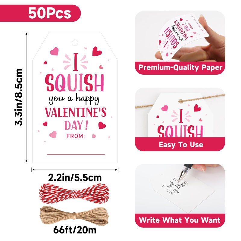 Anwyll Valentines Day Gift Tags - 50Pcs Happy Valentine's Day Tags with String Valentine Day Name from Tag I Squish You A Happy Valentine's Day Tag for Kid Gift Wrapping Present Treat Bag Party Favor - Image 3