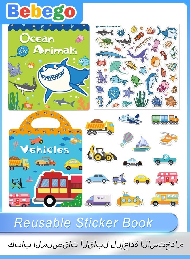 BEBEGO High-Quality Reusable Sticker Book for Youngsters - 2 Unique Themes Including Ocean Animals, Vehicles - Easy Peel & Stick, Multi-Color Cartoon Illustrations - Ideal for Festive Gifts (Eid al-Fitr, Eid al-Adha, Dubai Shopping Festival) - Cute Stickers, Perfect for Winter & New Year Celebrations | 23.5X31CM - Image 1