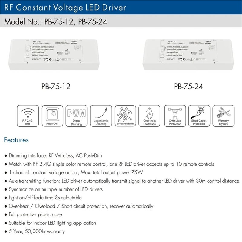 40W 75W Dimmable LED Driver 12V 24V Constant Voltage Power Supply With RT6 Remote1 - Image 4