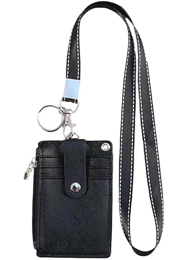 Generic Id Badge Holder With Lanyard Pu Leather Id Badge Card Holder With 5 Card Slots And 1 Side Zipper Pocket For Staff Students Neck Ianyard Retractable Badge Reel  - Image 1