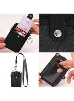 Generic Id Badge Holder With Lanyard Pu Leather Id Badge Card Holder With 5 Card Slots And 1 Side Zipper Pocket For Staff Students Neck Ianyard Retractable Badge Reel  - Image 2
