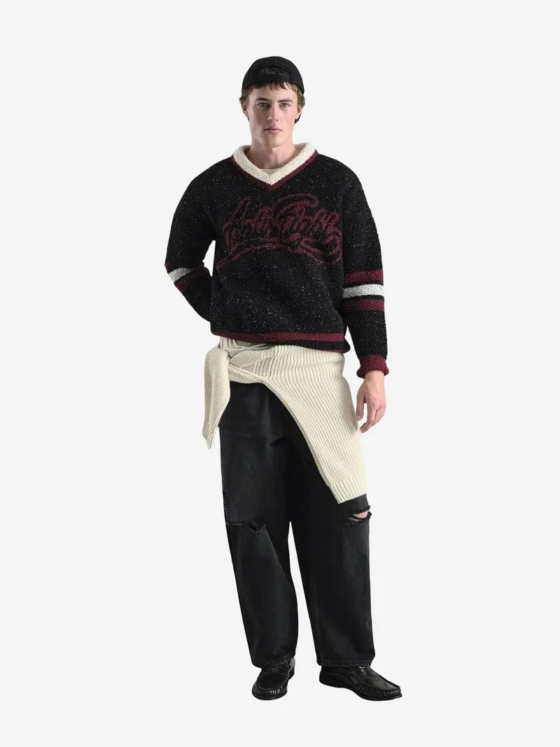 Giesto Black GIESTO Oversized V-Neck Plush Sweater for Men | Best Price UAE